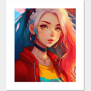 Kawaii Anime Egirl Rainbow colored hair Posters and Art